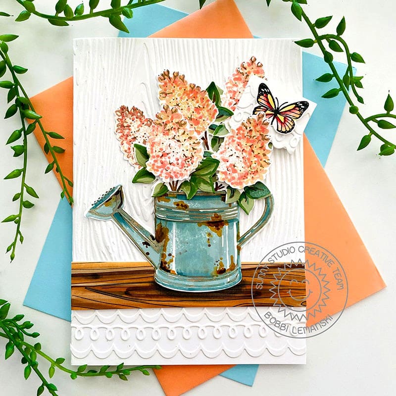 Sunny Studio Floral Lilac Flowers in Vintage Aqua Watering Can Woodgrain Card (using Watering Can 4x6 Clear Layering Stamps)