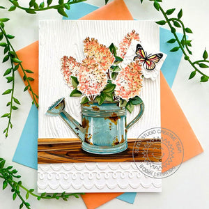 Sunny Studio Peach Floral Flowers in Vintage Aqua Watering Can Woodgrain Card (using Lovely Lilacs 4x6 Clear Layering Stamps)