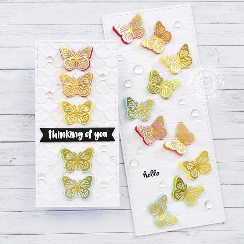Sunny Studio Stamps Gold Embossed Rainbow Butterflies Clean & Simple CAS Thinking of You Summer Slimline Card (using Moroccan Circles 6x6 Embossing Folder)