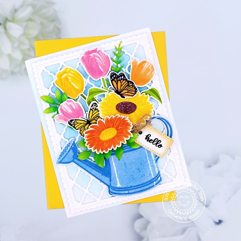 Sunny Studio Daisy & Tulip Flowers with Butterflies Spring Hello Card (using Watering Can Clear Layering Stamps)