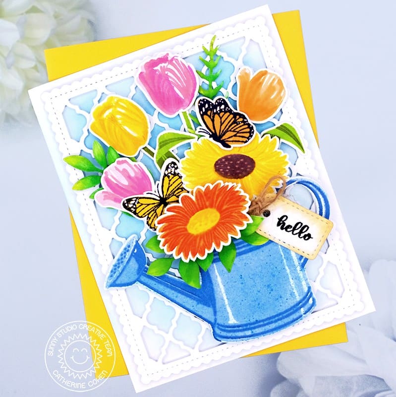 Sunny Studio Stamps Daisy & Tulip Flowers with Watering Can & Butterflies Spring Hello Card (using Frilly Frames Quatrefoil Background Backdrop Metal Cutting Die)