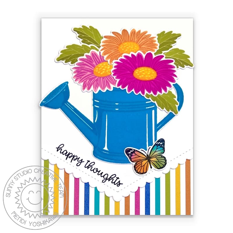 Sunny Studio Daisy Flowers in Watering Can Rainbow Striped Scalloped Card (using Cheerful Daisies Layering Clear Stamps)