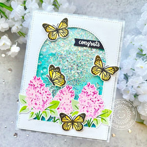Sunny Studio Congrats Spring Butterflies & Lilacs Flowers Shaker Window Card (using Watering Can Layering 4x6 Clear Stamps)
