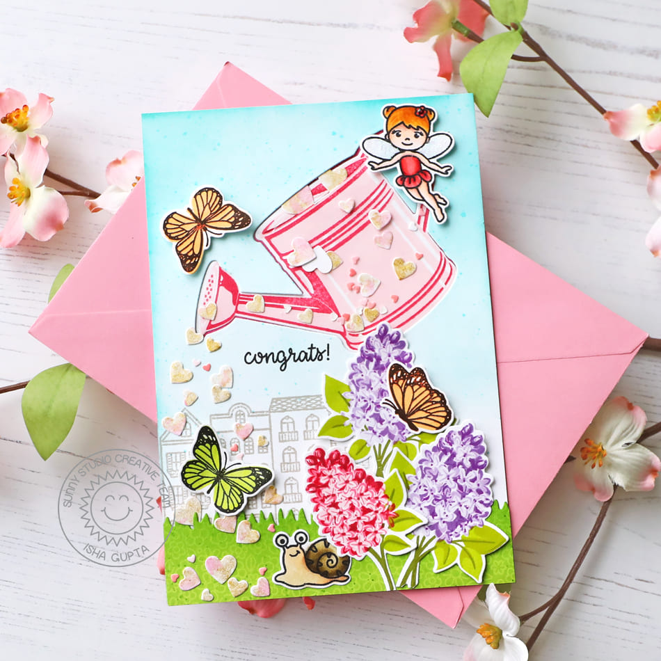Sunny Studio Fairies & Butterflies Sprinkling Hearts with Lilac Flowers Summer Card (using Watering Can Clear Layering Stamps)