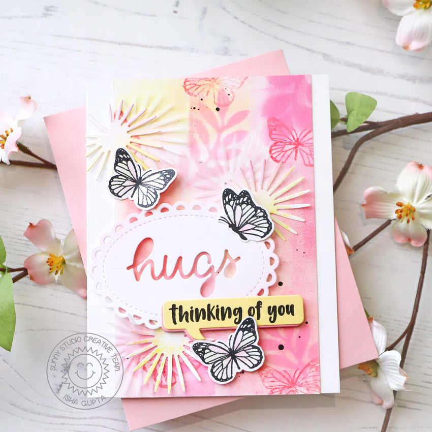 Sunny Studio Pink Mixed Media Palm Leafs & Butterflies Hugs Thinking of You Card (using Watering Can 4x6 Clear Layering Stamps)