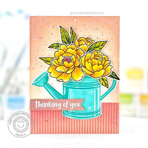 Sunny Studio Yellow Peonies Peony Flowers Thinking of You Summer Card (using Watering Can Clear Layering Stamps)