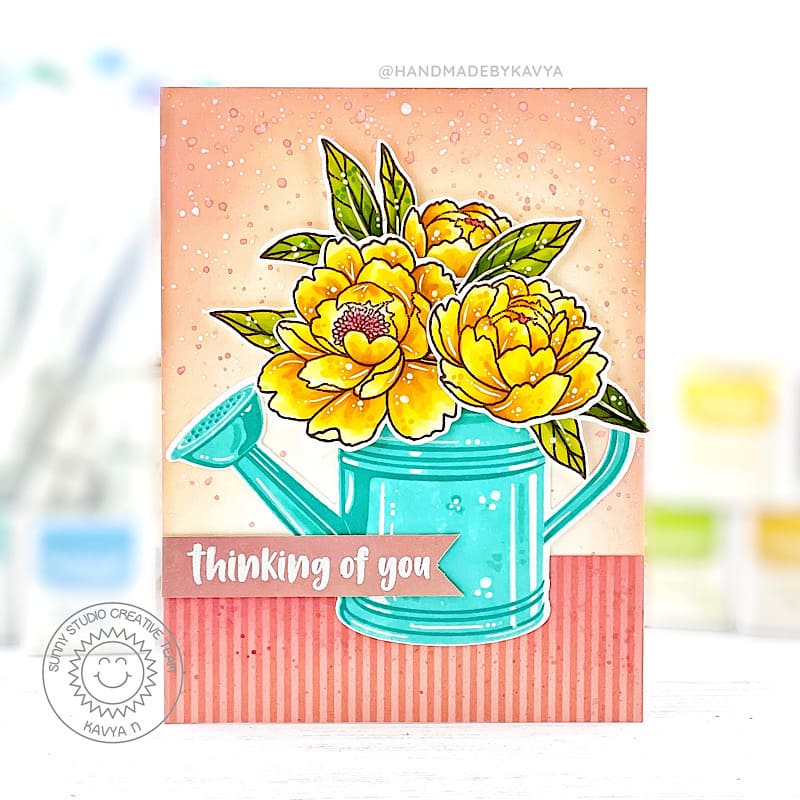 Sunny Studio Yellow Peony Flowers with Watering Can Thinking of You Summer Card (using Pink Peonies Can Clear Stamps)