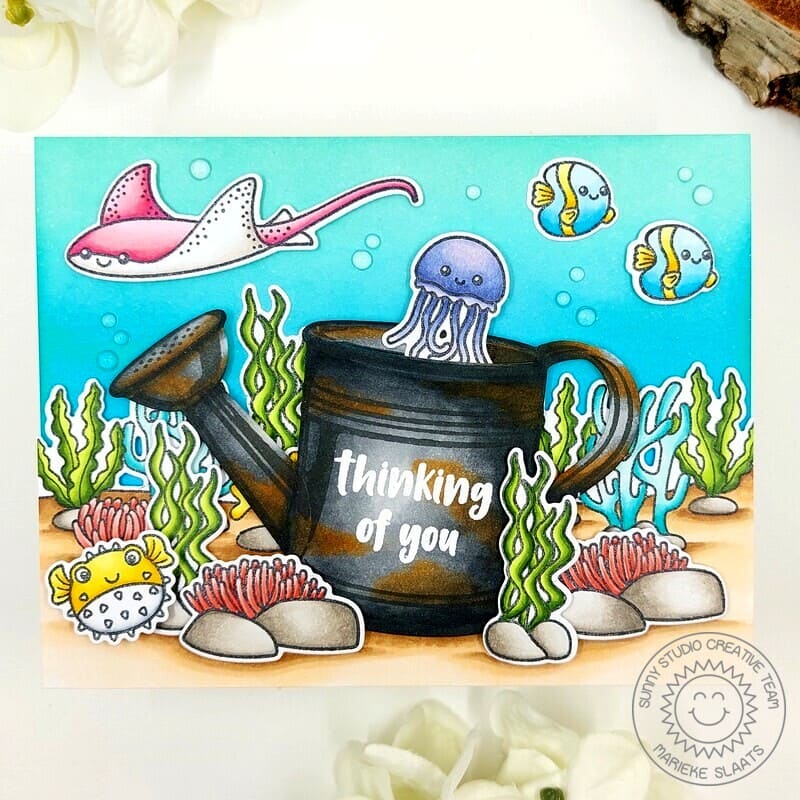 Sunny Studio Fish in Ocean with Rusty Watering Can Thinking of You Summer Card (using Fintastic Friends Clear Stamps)