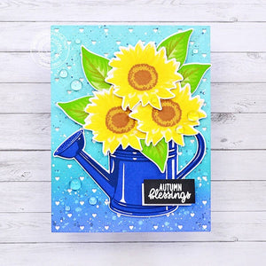 Sunny Studio Sunflowers in Blue Watering Can Autumn Blessings Card (using Quilted Hearts Portrait Backdrop Background Die)
