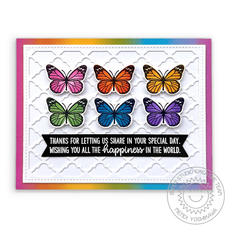 Sunny Studio Stamps Rainbow Butterfly Butterflies Special Occasion Card (using Frilly Frames Quatrefoil Background Die)