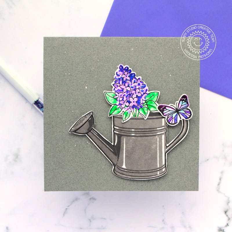 Sunny Studio Watering Can with Lilacs and Butterfly Butterflies Spring Card (using Watering Can 4x6 Clear Layering Stamps)