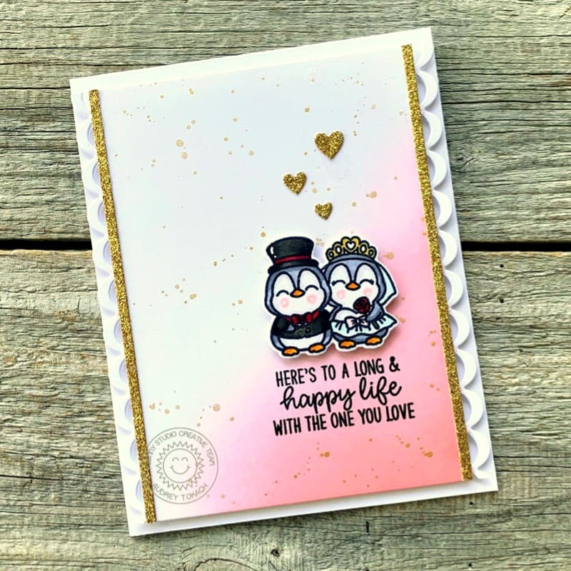 Sunny Studio Pink & Gold Glitter Penguin Bride & Groom Wedding Card (using Wedded Bliss 2x3 Clear Stamps)