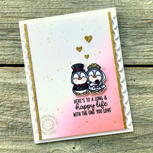 Sunny Studio Pink & Gold Glitter Penguin Bride & Groom Wedding Card (using Inside Greetings Congrats Clear Sentiment Stamps)