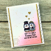 Sunny Studio Stamps Pink & Gold Glitter Penguin Bride & Groom Scalloped Wedding Card (using Icing Border Metal Cutting Dies)