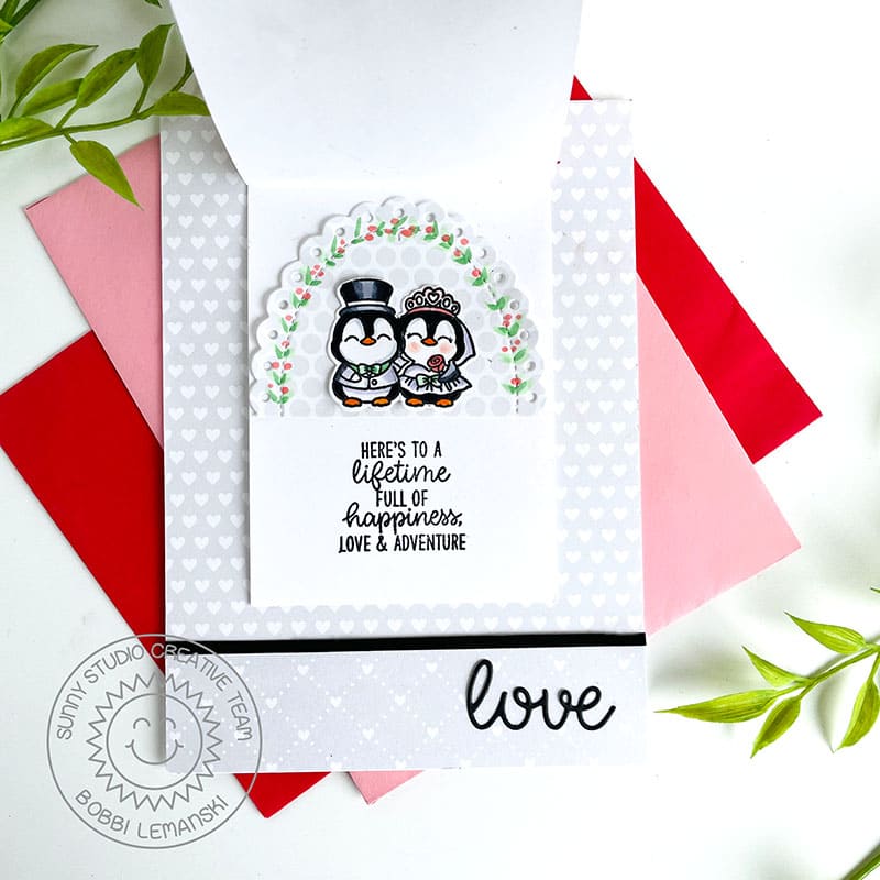 Sunny Studio Penguin Bride & Groom Lifetime of Happiness Wedding Card (using Wedded Bliss Mini 2x3 Clear Stamps)