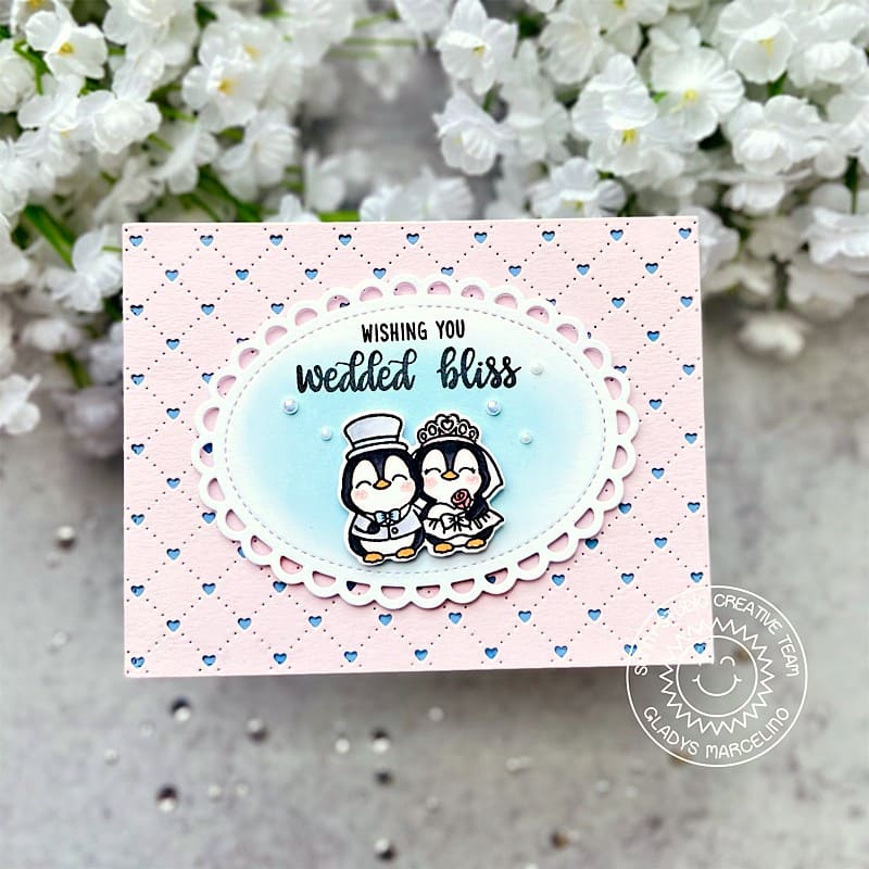 Sunny Studio Stamps Penguin Bride & Groom Wedded Bliss Scalloped Wedding Card (using Quilted Hearts Landscape Background Die