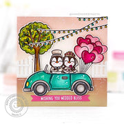 Sunny Studio Bride & Groom Penguin in Car with Heart Balloons Wedding Card (using Wedded Bliss 2x3 Mini Clear Stamps)