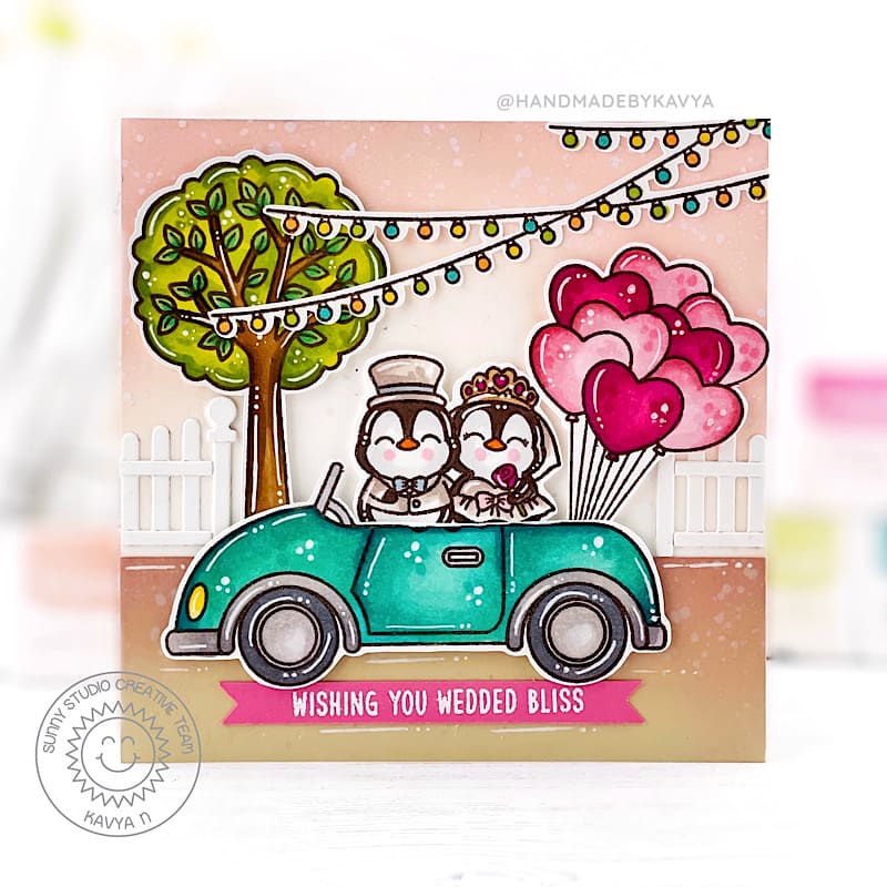 Sunny Studio Bride & Groom Penguin in Car with Heart Balloons Wedding Card (using Heart Bouquet Mini Clear Stamps)