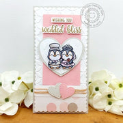 Sunny Studio Pink Penguin Bride & Groom Slimline Wedding Card (using Wedded Bliss 2x3 Clear Stamps)