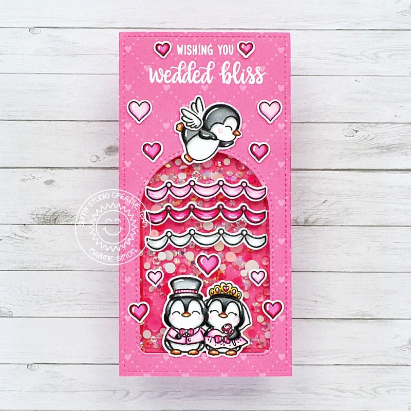 Sunny Studio Penguin Bride & Groom with Cupid Hot Pink Slimline Wedding Card (using Wedded Bliss 2x3 Clear Stamps)