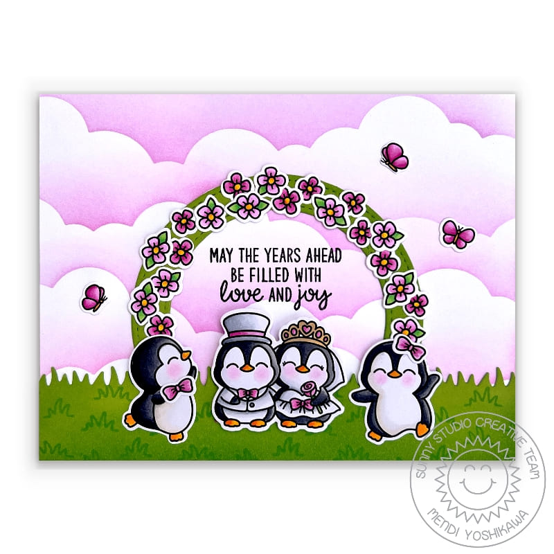 Sunny Studio Penguin Bride & Groom Pink Flower Arch Wedding Card (using Wedded Bliss 2x3 Mini Clear Stamps)