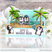 Sunny Studio Penguin Bride & Groom Tropical Wedding Pop-Up Box Card by Rachel Alvarado (using Ocean View Clear Stamps)