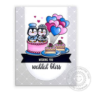 Sunny Studio Penguin Bride & Groom Wedding Cake with Heart Balloons Card (using Wedded Bliss 2x3 Mini Clear Stamps)