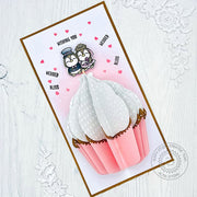 Sunny Studio Penguin Bride & Groom Cake Topper 3D Pop-up Cupcake Slimline Wedding Card (using Wedded Bliss 2x3 Clear Stamps)