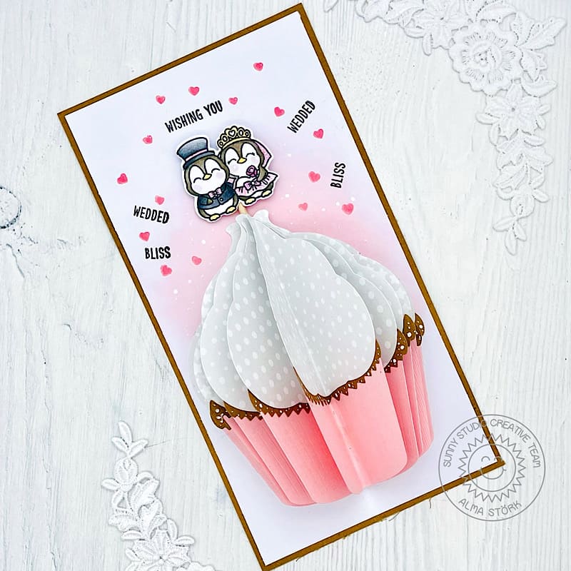 Sunny Studio Penguin Bride & Groom Cake Topper 3D Pop-up Cupcake Slimline Wedding Card (using Wedded Bliss 2x3 Clear Stamps)