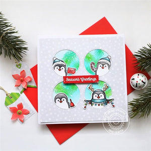 Sunny Studio Stamps Season's Greeting Penguin Grid-Style Christmas Holiday Card using Window Quad Circle Metal Cutting Dies