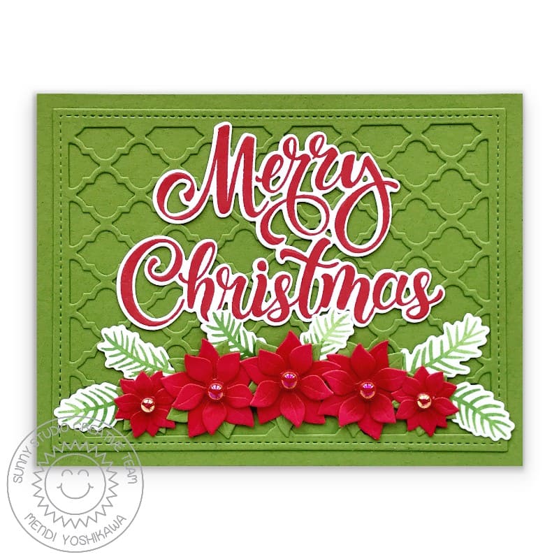 Sunny Studio Stamps Merry Christmas Classy Red & Green Poinsettia Handmade Holiday Christmas Card with over-sized greeting (using Frilly Frames Quatrefoil Background Backdrop Metal Cutting Dies)