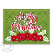 Sunny Studio Stamps Merry Christmas Red & Green Poinsettia with Quatrefoil Holiday Card using Season's Greetings Word Dies