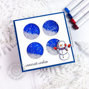 Sunny Studio Stamps Warmest Wishes Snowman Holiday Christmas Glitter Shaker Card using Window Quad Circle Metal Cutting Dies