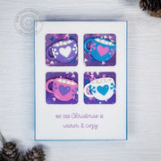 Sunny Studio Stamps Blue, Pink & Purple Hot Chocolate Cocoa Mugs Christmas Card using Window Quad Square Metal Cutting Dies