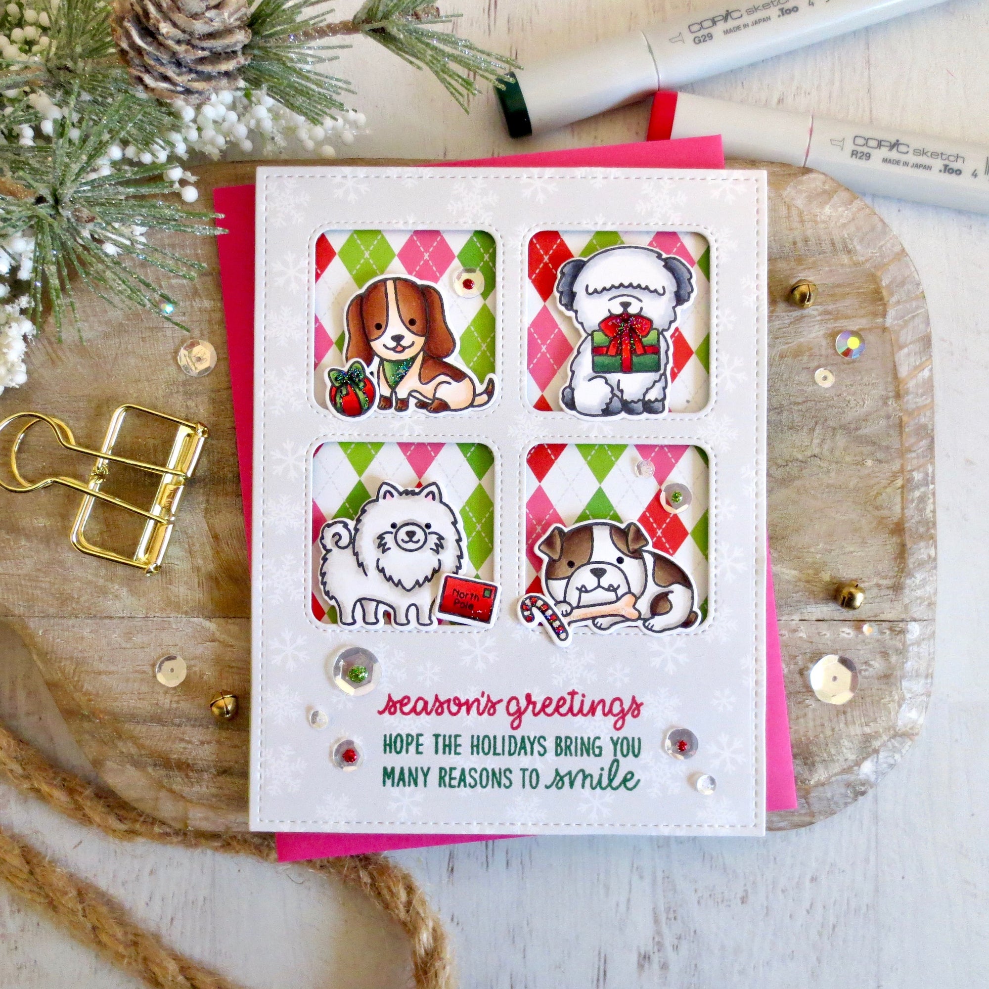 Sunny Studio Stamps Argyle Puppy Dog Holiday Christmas Card (using Window Quad Square Metal Cutting Dies)