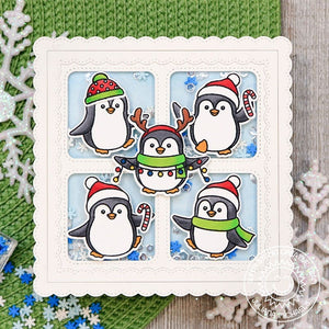 Sunny Studio Grid Style Scalloped Square Handmade Winter Holiday Shaker Card (using Penguin Pals 4x6 Clear Photopolymer Stamps)