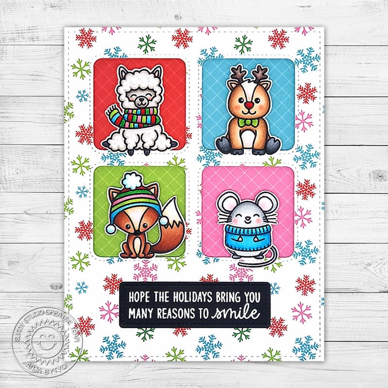 Sunny Studio Alpaca, Fox, Mouse & Reindeer Holiday Christmas Card (using Window Quad Square Metal Cutting Dies)