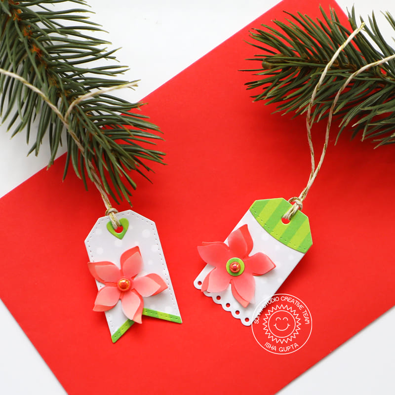 Sunny Studio Stamps Poinsettia Green Striped Handmade Christmas Holiday Gift Tags using Window Quad Square Metal Cutting Die