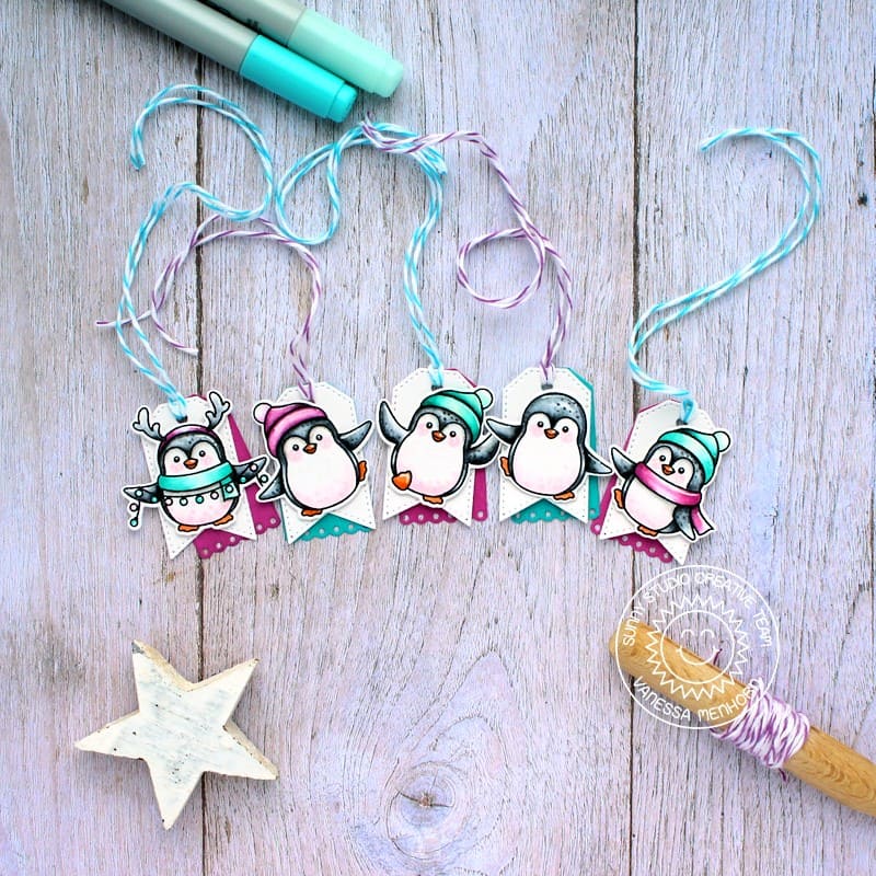 Sunny Studio Stamps Teal & Violet Penguin Mini Christmas Holiday Gift Tags using Window Quad Square Metal Cutting Dies