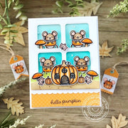 Sunny Studio Hello Pumpkin Mouse with Pumpkins & Mushrooms Fall Grid Card (using Harvest Mice 4x6 Clear Stamps)