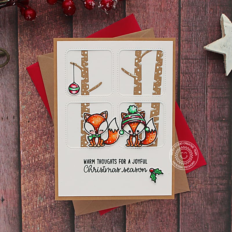 Sunny Studio Stamps Fox with Birch Trees Holiday Christmas Card (using Window Quad Square Metal Cutting Dies)