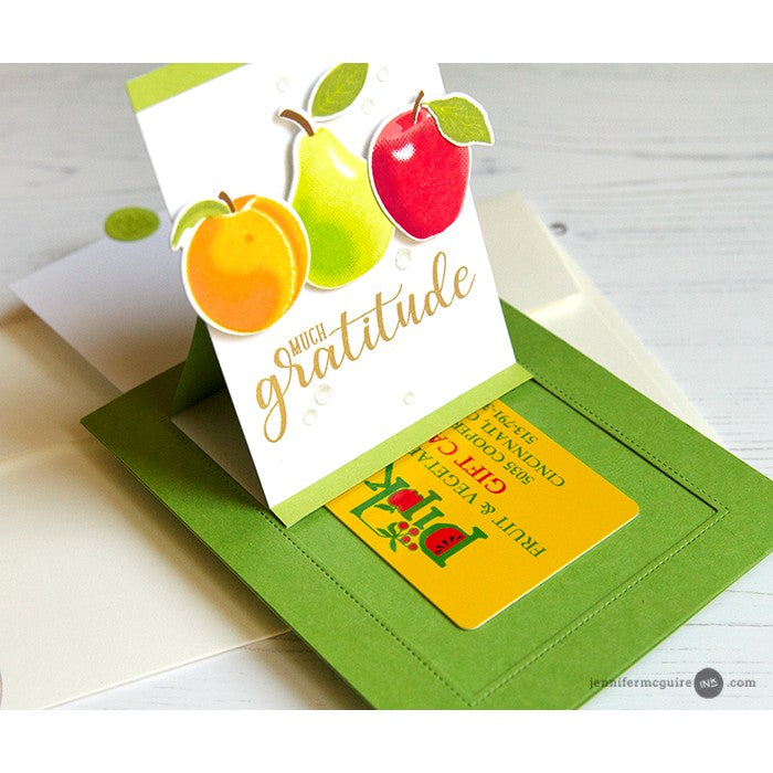 Sunny Studio Stamps Sliding Window Fruit Cocktail Peach, Pear & Apple Pop-up Card by Jennifer McGuire (using metal cutting dies)