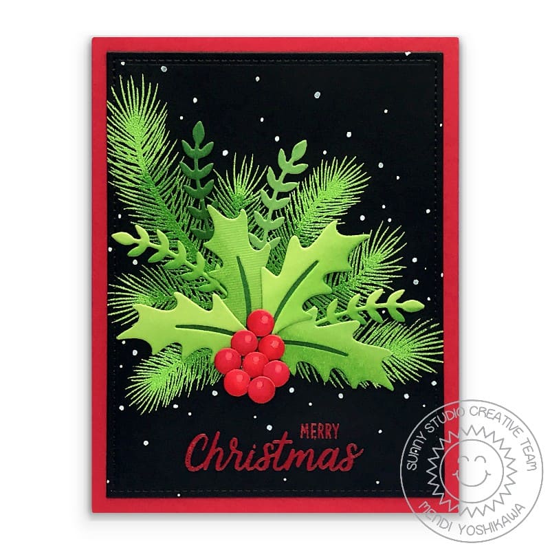 Sunny Studio Red, Green & Black Dot Holly & Berries Christmas Holiday Card (using Winter Greenery Metal Cutting Dies)