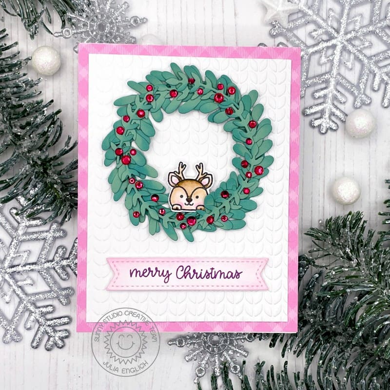 Sunny Studio Stamps Holiday Wreath with Rhinestone Berries Embossed Christmas Card (using Cable Knit Embossing Folder)