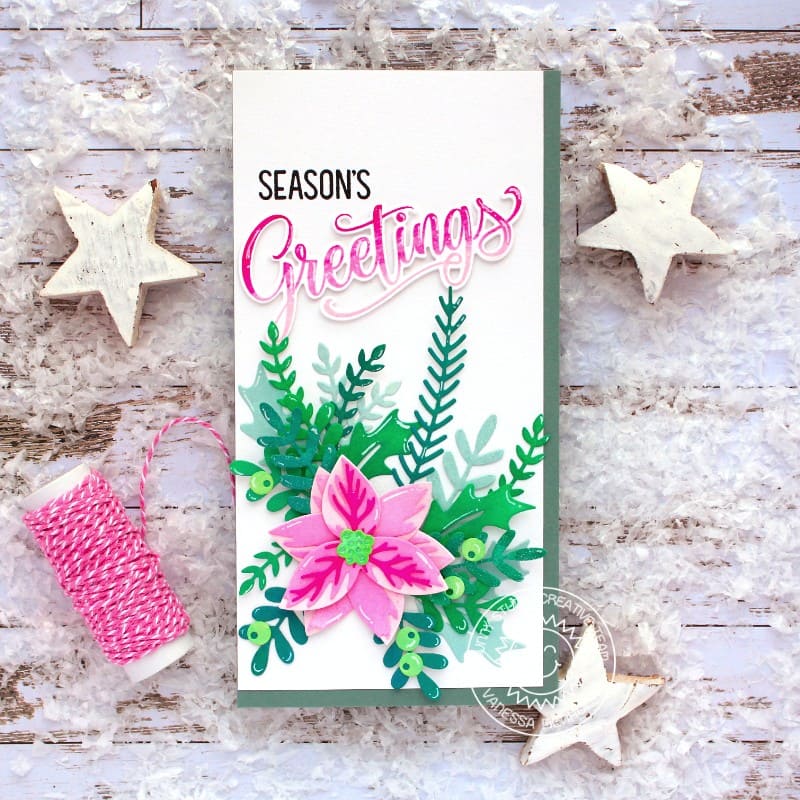 Sunny Studio Stamps Pink & Emerald Green Poinsettia Slimline Holiday Christmas Card using Winter Greenery Metal Cutting Dies