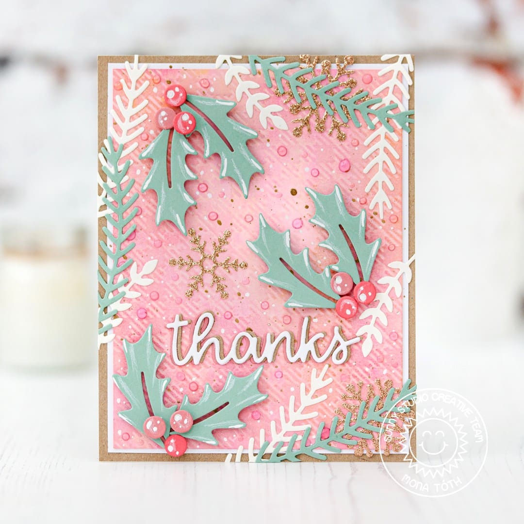 Sunny Studio Stamps Pink & Mint Green Holly Leaves & Berries Winter Holiday Thank You Card (using Buffalo Plaid 6x6 Embossing Folder)