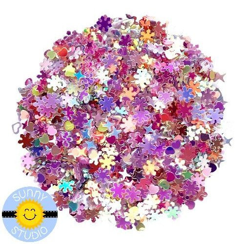 Sunny Studio Stamps Winter Mix Pink & Purple Snowflakes, Stars & Hearts Iridescent Confetti Embellishment for Shaker Cards