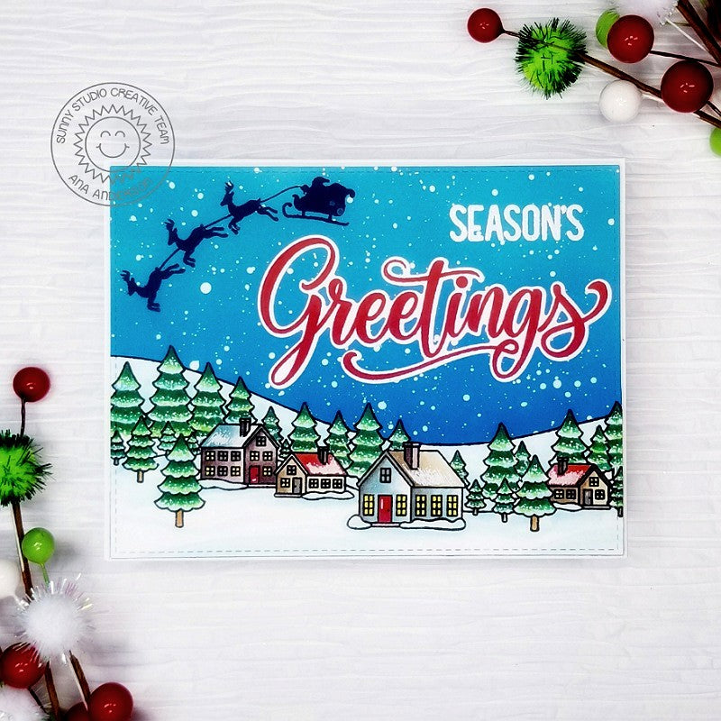 Sunny Studio Season's Greetings Santa with Reindeer & Sleigh Silhouette Flying over Sleeping Town Holiday Christmas Card (using Here Comes Santa 2x3 Clear Mini Stamps)