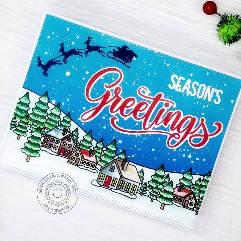 Sunny Studio Santa Claus Flying over town with Reindeer & Sleigh Holiday Christmas Card using Season's Greetings Clear Stamps