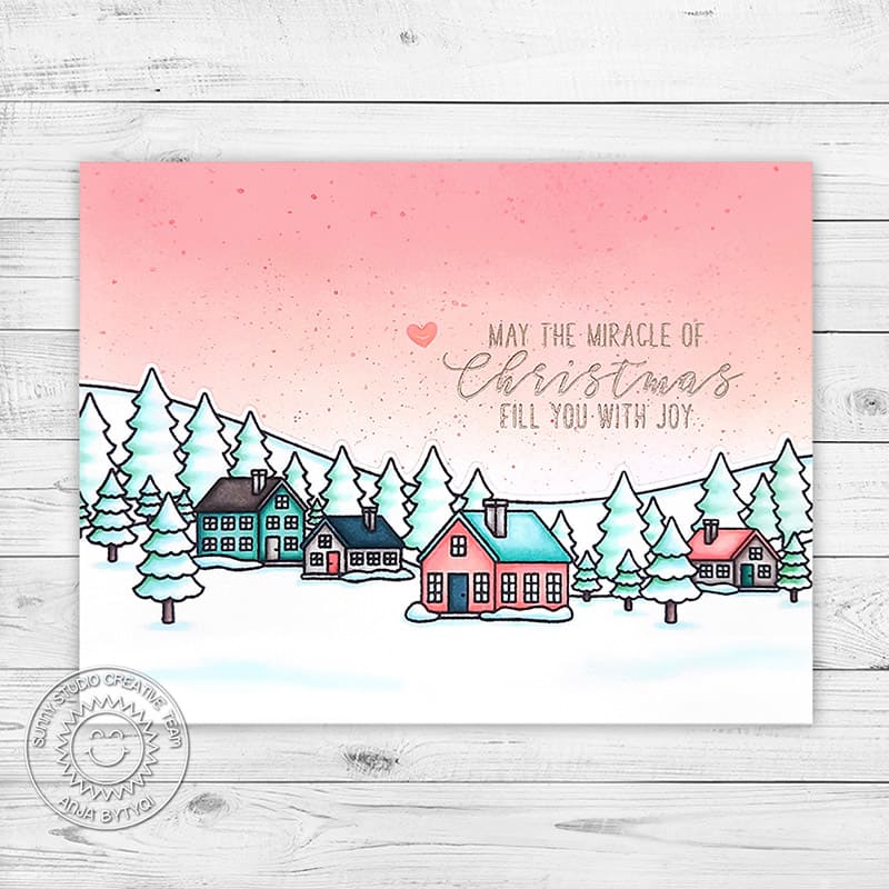 Sunny Studio May The Miracle of Christmas Fill You with Joy Aqua & Pink Houses Holiday Card using Winter Scenes Clear Stamps